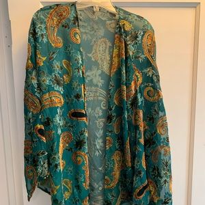 BEAUTIFUL blue gold kimono / sheer coverup / floral sweater